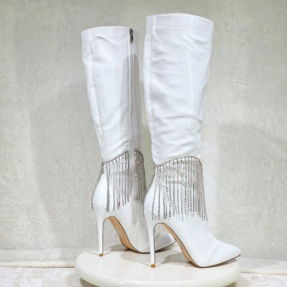Sway White Knee High Boots Stiletto Heels Icicle Fringe - Picture 3 of 10